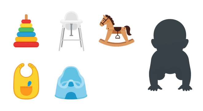 Early childhood care and feeding accessories collection with high chair and rocking horse.