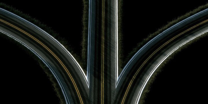 A fork in the road splits three ways against a black background
