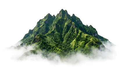 Fototapeta premium Green mountain peak above fog isolated on transparent background