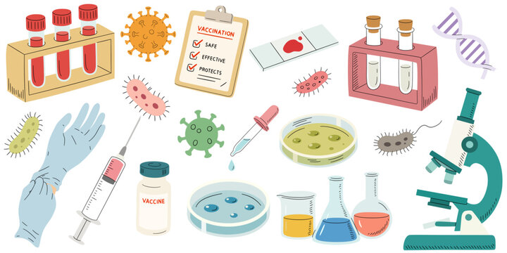Virus medical testing elements in hand drown style. Various viruses, bacteria, microscope, vaccine syringe. Global pandemic, vaccine, virology scientific research and diagnostic concept