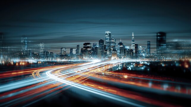 Speeding through the city at night with light trails from cars and a glowing skyline