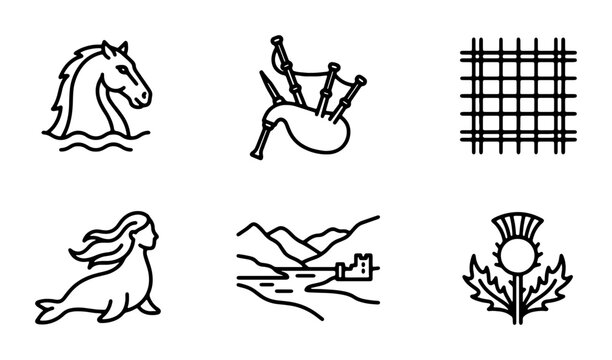 Scottish Icons Collection: Loch Ness Monster, Bagpipes, Tartan, Selkie, Castle Landscape, Thistle