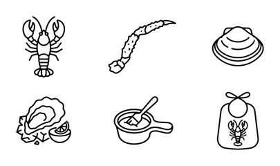 Seafood Icons: Lobster, Crab Leg, Clam, Oyster, Sauce, Bib Vector Set © Sabbir