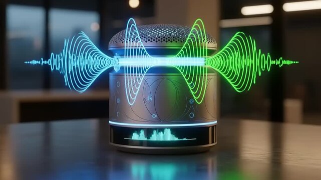 Modern Smart Speaker Emitting Sound Waves in Blue and Green.