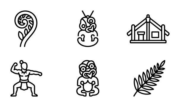 Maori Cultural Icons Set: Fern, Tiki, Marae, Warrior, Hei Tiki, Leaf Vector Graphics