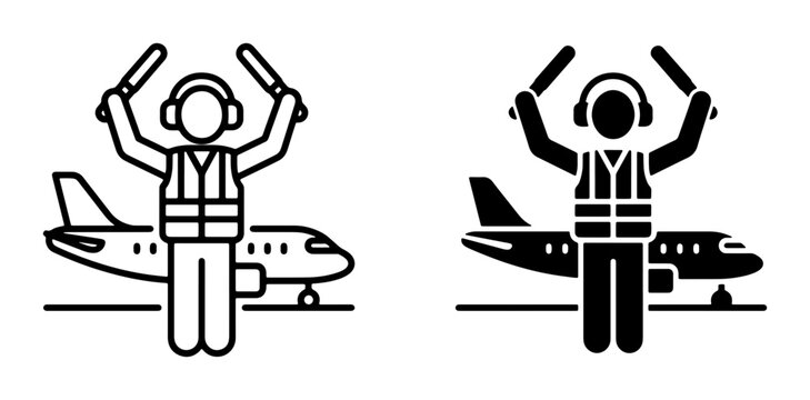 Airport Marshaller Guiding Airplane, Aviation Ground Crew Icon Set, Air Traffic Control Signalman with Lights, Transportation Safety Vector
