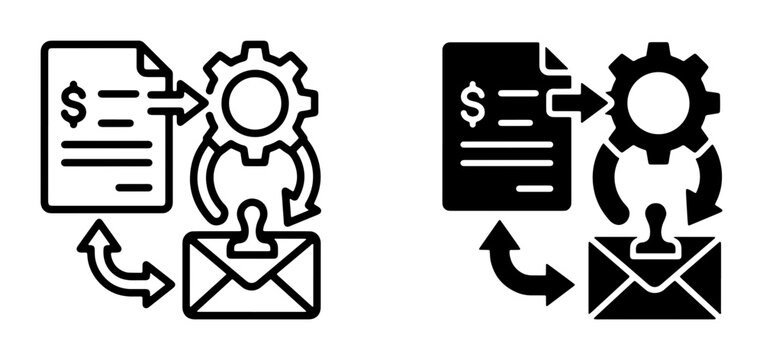 Business Process Automation Icons, Workflow Automation, Financial Document Processing, Email Integration, Gear Cog, Invoice, Envelope, Workflow Icons