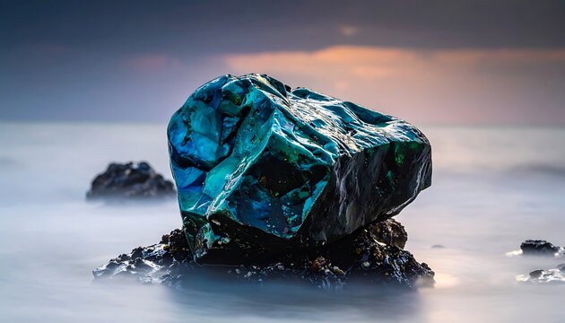 A large blue-green crystal on a rocky beach at sunset