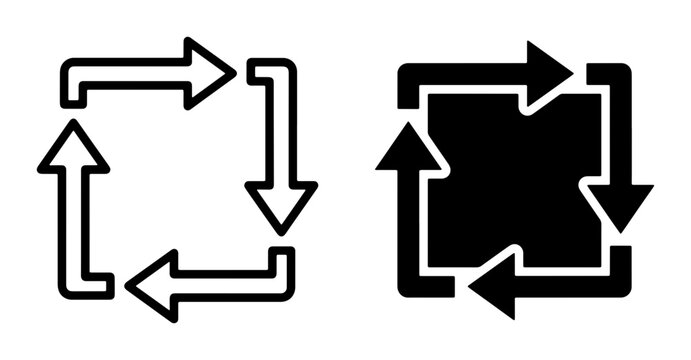 Recycle Symbol Vector Icons, Circular Arrows Loop Graphics, Refresh and Repeat Process Icons, Environmental Sustainability and Renewal Symbols, Outline and Solid Black Styles