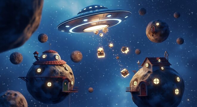 Whimsical Alien Spaceship Abducting Houses in Cosmic Wonderland.