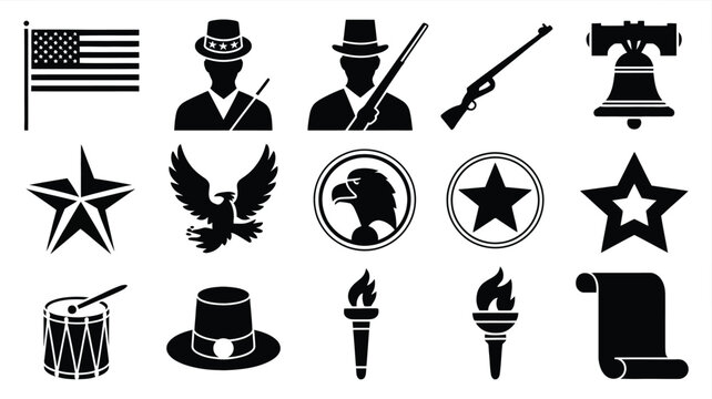 National patriots day symbols and icons set including american flag eagle liberty bell and patriotic silhouettes