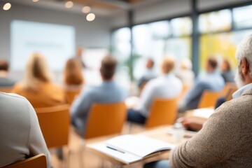 Fototapeta premium Diverse group of adults attending a professional workshop or seminar with presenter in the background