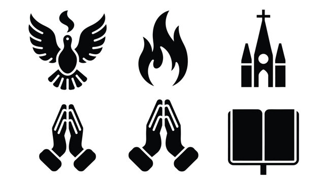 Religious icons set including dove flame church praying hands and bible on white background