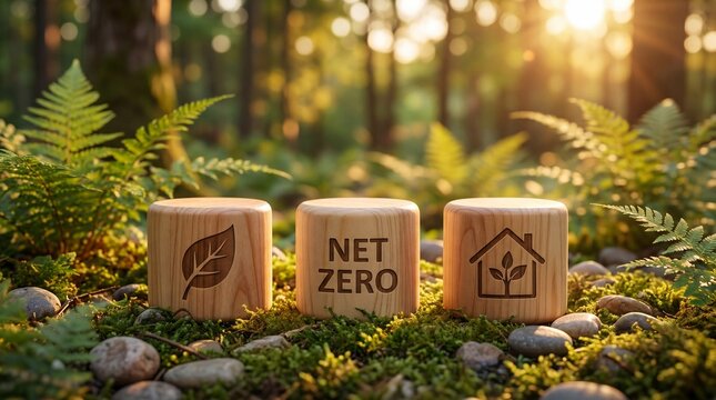 Net zero concept wooden blocks on mossy forest floor with sunlight filtering through trees