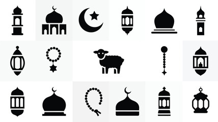 Eid al adha and ramadan icons set with mosque domes lanterns rosary crescent moon star and lamb black on white © SabitaRani