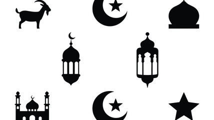Black silhouettes of mosque domes lanterns crescent moons stars and a goat on white background symbolizing ramadan and islamic culture © SabitaRani