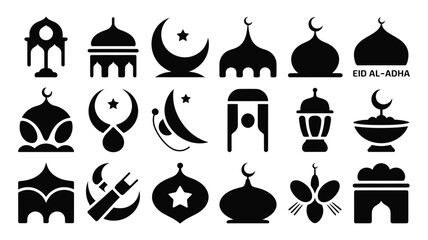 Balanced grid composition of eid al adha icons featuring mosques domes crescent moons and stars in black silhouette on white background © SabitaRani