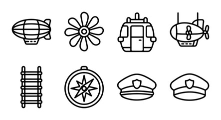 Steampunk Transport Icons: Blimp, Propeller, Gondola, Submarine, Compass, Hats © Shaila
