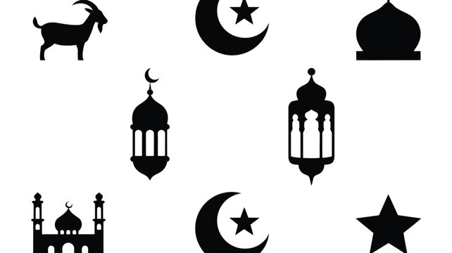 Black silhouettes of mosque domes lanterns crescent moons stars and a goat on white background symbolizing ramadan and islamic culture