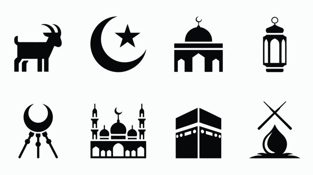 Eid al adha icons set including goat mosque crescent moon star lantern kaaba and sacrificial symbols in black flat vector style for islamic holiday celebrations