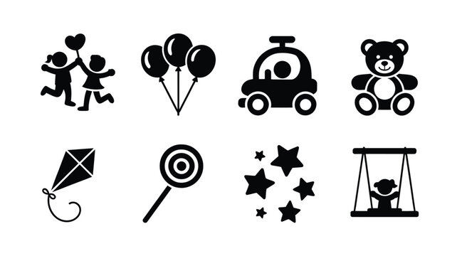 Structured grid of children's day icons including kids playing balloons toy car teddy bear kite lollipop stars and child on swing