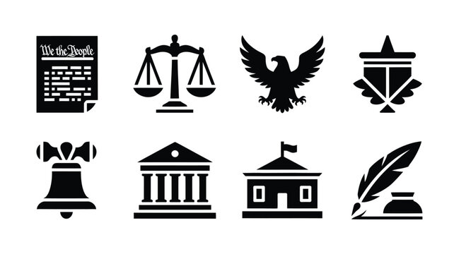 American government symbols and icons set including constitution scales eagle liberty bell and buildings
