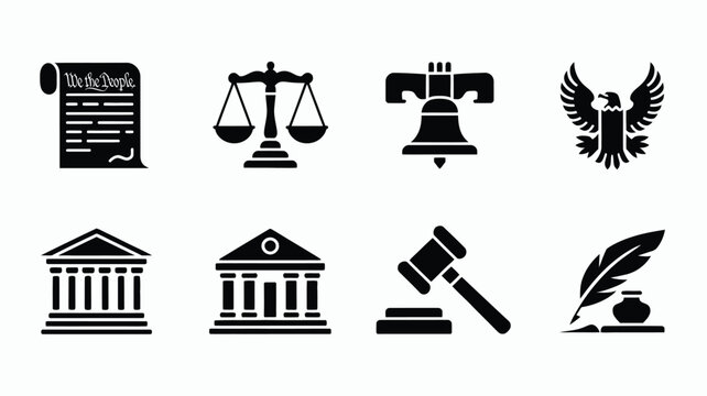 Vector icons of american law and government symbols including scales gavel and constitution