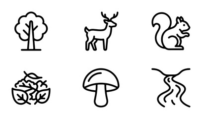 Obraz premium Forest Icons Set: Deer, Squirrel, Tree, Mushroom, Leaves, River, Nature Elements