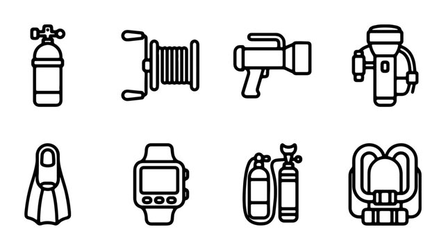 Scuba Diving Gear Icons Set, Underwater Equipment Vector Collection, Dive Sport Accessories