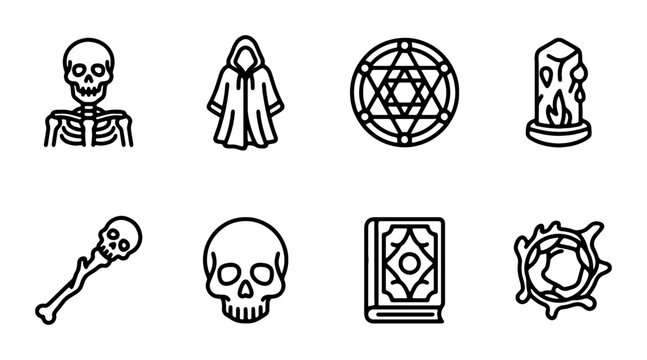 Fantasy Icons Set: Skeleton, Wizard Robe, Magic Circle, Spellbook, Staff, Skull, Crystal