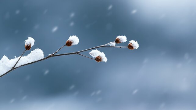 Delicate winter branches dusted with snow, snowflakes falling softly