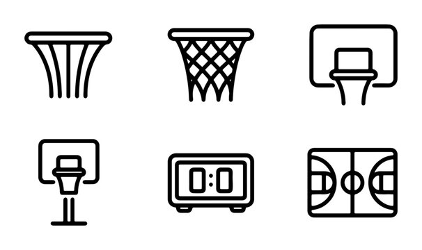 Basketball Court Icons, Hoop, Net, Scoreboard, Sports Equipment Vector Set