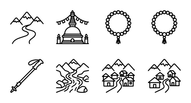Nepal Icons: Mountains, Stupa, Prayer Beads, Trekking, Villages, Rivers, Vector Set