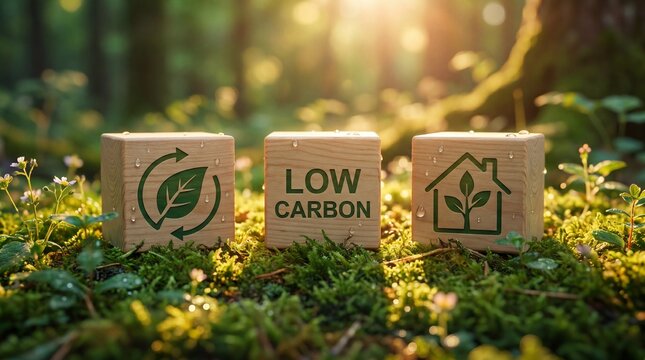 Low carbon footprint concept on fresh green grass with eco symbols in sunlight