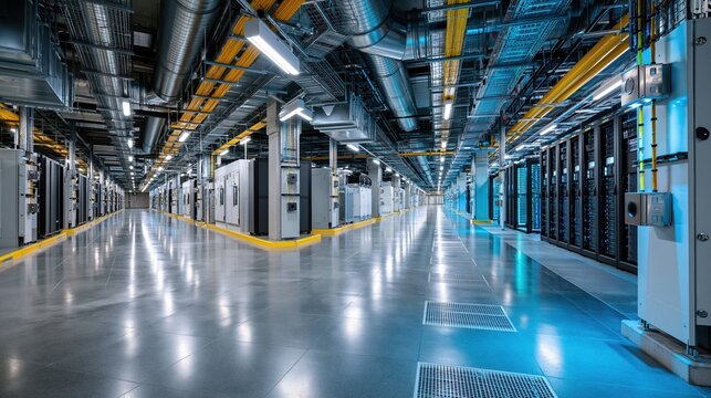Modern Data Center Interior with Rows of Servers, Cooling Systems, and Infrastructure