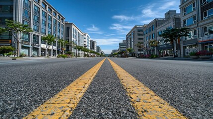 Obraz premium Empty Asphalt Road with Double Yellow Lines Leading Towards Modern City Buildings Under Clear Blue Sky