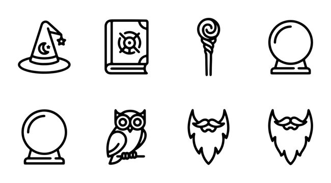 Magic Icons Set: Wizard Hat, Spellbook, Crystal Ball, Owl, Staff, Beard Vector Graphics