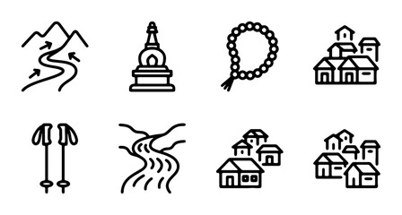 Naklejka premium Nepal Icons: Mountain Trekking, Stupa, Prayer Beads, Villages, Skiing, Rivers