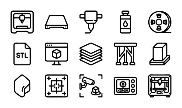 3D Printing Icons Set, Additive Manufacturing Technology Vector Graphics, Digital Fabrication Equipment Symbols