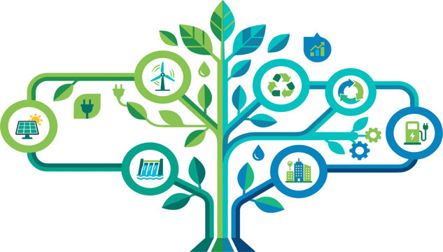 Sustainable Green Energy Technology Tree Illustration with Renewable Power Icons Solar Panels Wind Turbines Recycling Symbols and Eco Friendly Innovation for Environmental Growth Designs