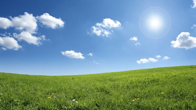 Vibrant green rolling hills under a bright, sunny blue sky with fluffy white clouds, evoking peace and nature
