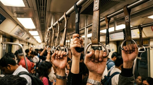 Commuters holding onto hand straps inside a crowded subway train. Public transportation and urban travel concept