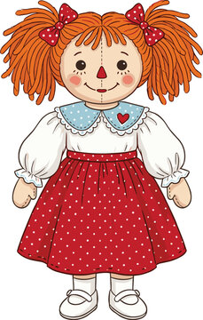 Cute hand drawn Raggedy Ann rag doll illustration with orange hair wearing a red polka dot dress