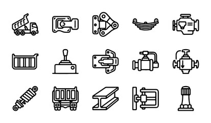 Heavy Duty Truck Parts Icons: Dump Truck, Engine, Suspension, Gear Shift, Chassis Components © Ajadul