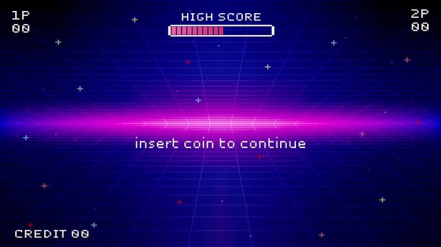 PRESS START. insert coin to continue. pixel art 8 bit. Retro Futurism Sci-Fi Background. glowing neon grid and stars from vintage arcade computer games.