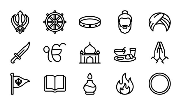 Sikhism Icons Set, Religious Symbols, Gurdwara, Khanda, Kirpan, Prayer, Culture