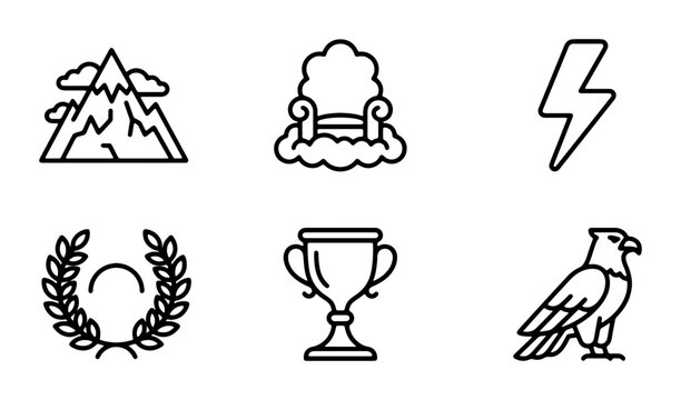Mythology Icons Set: Olympus Throne, Laurel Wreath, Trophy, Eagle, Mountain, Lightning