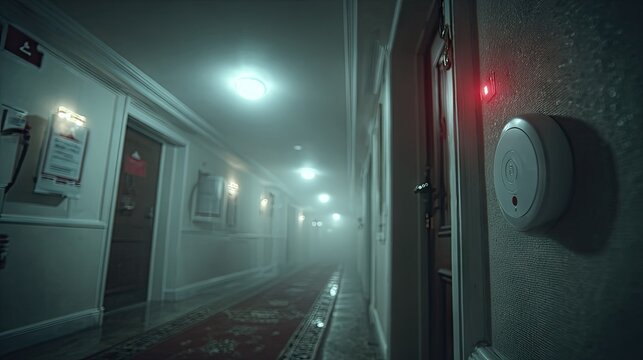 Dimly Lit Hotel Corridor with Smoke and Red Alarm Light, Long Hallway in a Hotel or Office Building