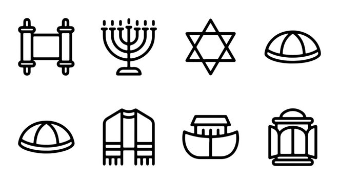 Jewish Religious Symbols Icons, Star of David, Menorah, Torah Scroll, Kippah, Tallit, Ark, Lantern