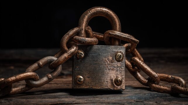Close-up of rusty metal lock and chain on wooden surface against dark background, symbolic of security or restriction